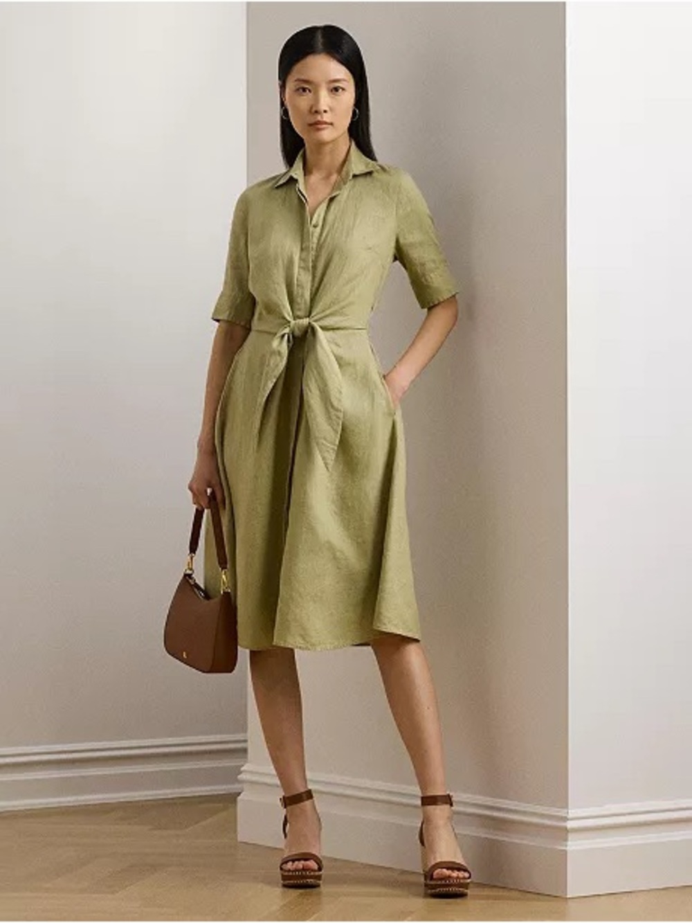 Lauren Ralph Lauren Olive Tie-Front Midi Shirt Dress NWT
